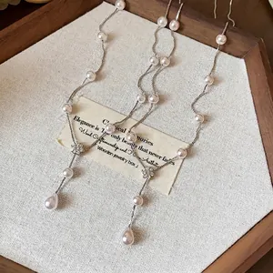 Collier de perles fleurs en zircon de style français avec pendentif en goutte d'eau