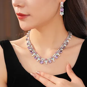 Elegantes Vintage-Schmuckset mit violettem Zirkon und blaugrüner Emaille für Damen