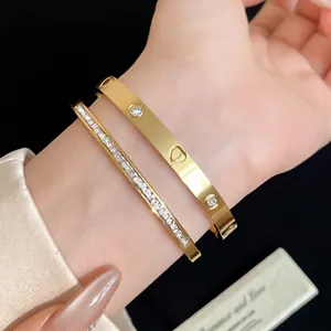 Luxury Stainless Steel Zirconia Bangle For Women Gold Plated Heart Round Square Inlaid Minimalist Vintage Fashion Jewelry