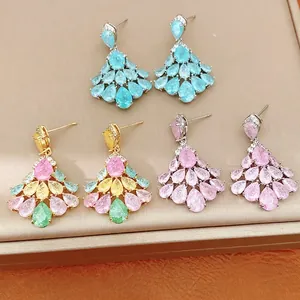 14k Gold Plated Water Drop Fan Shaped Tassel Stud Earrings For Women Exquisite Zirconia Inlaid Luxury Commute Jewelry Gift