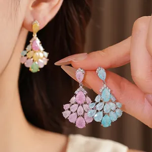 Elegant 14k gold plated droplet fan earrings with colorful cubic zirconia stones.