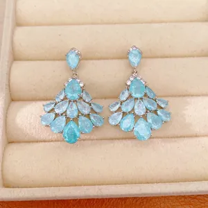 Elegant light blue teardrop zircon fan-shaped tassel chandelier earrings for women