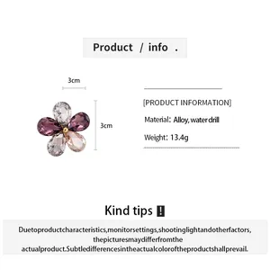 Detail showing size and material specs for the crystal flower shaped open ring