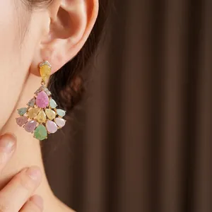 Elegant 14k gold plated teardrop fan-shaped earrings with colorful zircons