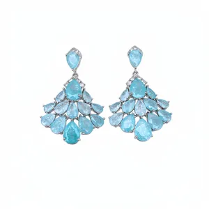 Elegant 14k gold plated chandelier earrings with light blue teardrop cubic zirconia