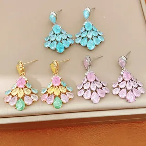 Detail of teardrop fan earrings with blue, pink and multi-colored cubic zirconia