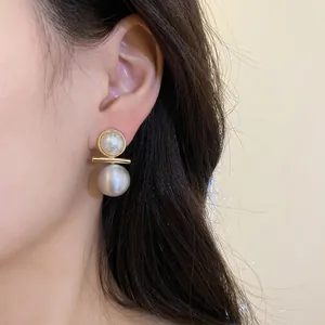 Luxury 18k gold plated brushed metal earrings with elegant pearl studs for women