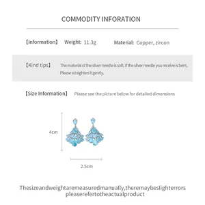 Detailed size and material specifications for zircon fan-shaped drop earrings in light blue