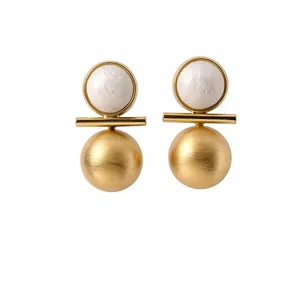 Elegant 18k gold plated brushed metal stud earrings with textured white pearl detail