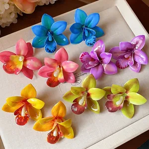 Süße Stoff Harz Orchidee Blume Ohrstecker Mit 925 Sterlingsilber Ohrstecker-Stift Handgemachte Blumenschmuck Für Damen