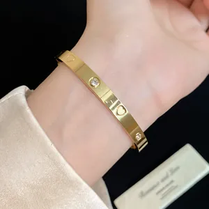 Detailed view of a gold stainless steel heart and zircon bangle on an Asian model's wrist