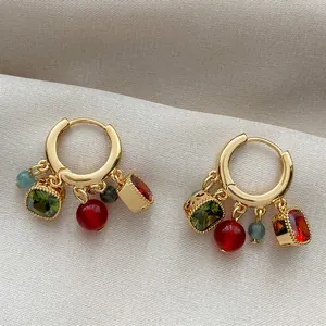 Vintage Palace Style 18K Gold Plated Zirconia Cat Eye Stone Pendant Hoop Earrings For Women Luxury High End Geometric Drop Earrings