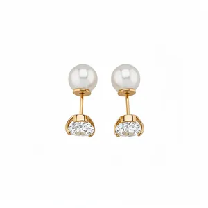 Elegant two-way gold stud earrings featuring round white pearls and sparkling zircons