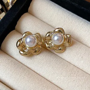 French vintage flower pearl stud earrings with 13k real gold plating and silver needles