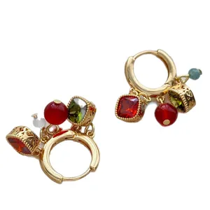 Retro palace style 18k gold plated hoop earrings with zircon and cat's eye stone pendants
