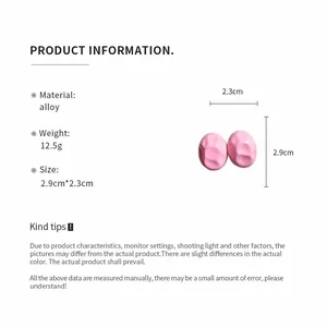 Detail view of pink wrinkled oval stud earrings with alloy material specifications