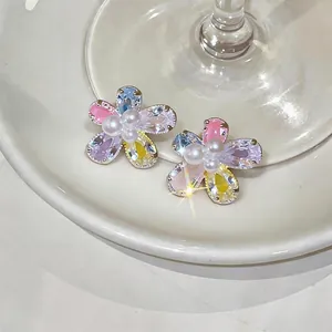 Sweet colorful cubic zirconia and pearl flower stud earrings in light luxury style