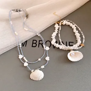 Elegant summer beach style seashell beaded necklace and layered white stone choker set