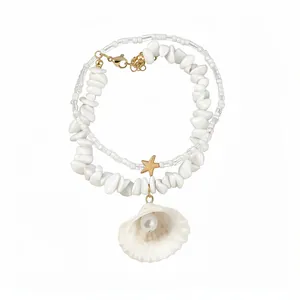 Summer beach style white shell beaded necklace with starfish charm and pearl pendant
