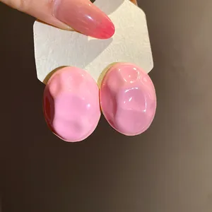 Minimalist pink enamel dripping oil oval stud earrings with unique wrinkled texture detail
