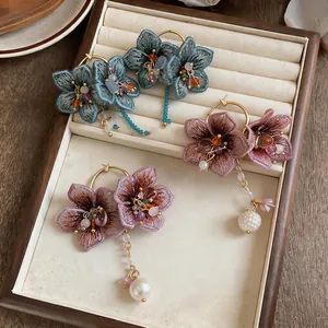 Elegant embroidered flower tassel earrings with glass beads and faux pearls for vacation