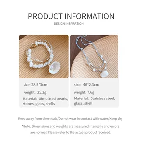 Detail view of two shell beaded necklaces with size, weight, and material specifications.