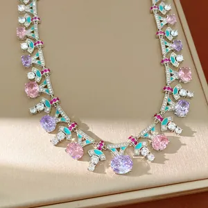 Luxurious palace style necklace with colorful oval zircons and enamel fan charms.