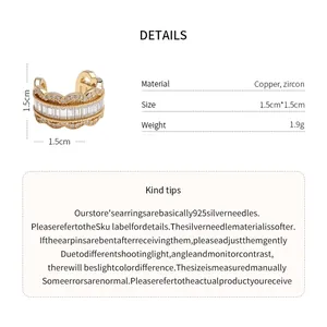 Detail view of zircon C-shaped ear cuff with product dimensions and material specs