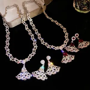 High-end zircon fan-shaped pendant necklace and earrings set for elegant evening wear