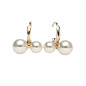 Elegant French retro gold hoop earrings with double white pearl geometric design