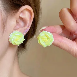 Elegant yellow resin rose flower stud earrings with silver needles for women