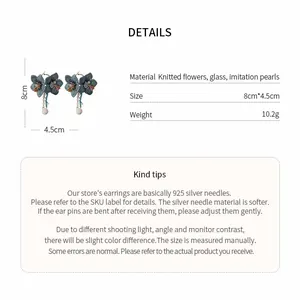 Details of knitted flower tassel earrings with material and size specifications