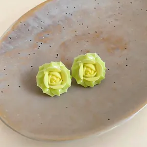 Minimalist lime green resin flower stud earrings with S925 silver needles for women