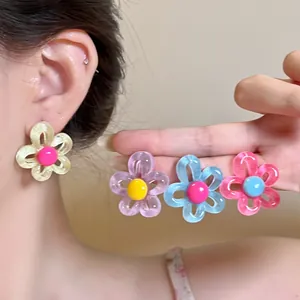Dopamine Colorful Hollow Flower Stud Earrings Sweet Resin Floral Petal Earrings With Silver Earring Post For Women Jewelry