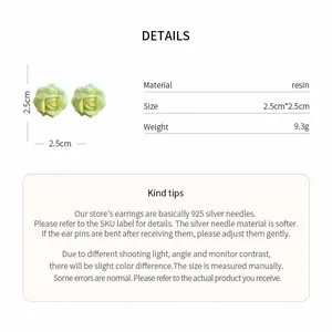 Detail of resin rose stud earrings with dimensions and 925 silver needle notice