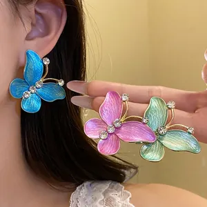 French Vintage Butterfly Stud Earrings For Women Copper Zirconia Gradient Enamel Earrings With Steel Post Fashion Jewelry
