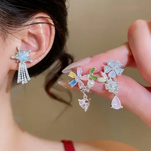 Copper Zirconia Artificial Pearl Flower Stud Earrings With 925 Sterling Silver Earring Post Sweet Jewelry For Women