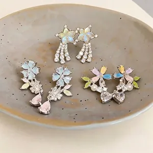 Colorful floral heart zircon stud earrings with pearls in sweet minimalist dopamine style