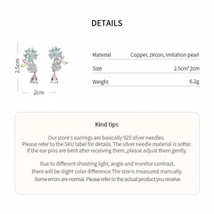 Detailed product parameters and size measurements for sweet flower zircon drop earrings