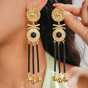 Vintage Alloy Artificial Pearl Portrait Coin Stud Earrings With Long Tassels And Greek Meander Pattern For Women Jewelry