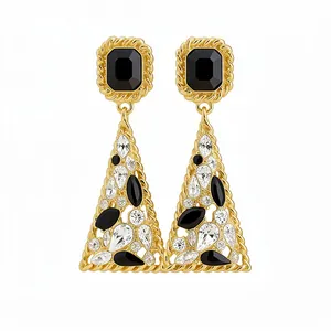 Vintage gold triangle dangle earrings with black stones and rhinestones for women