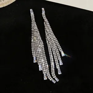 Luxury long tassel earrings featuring full rhinestones and baguette-cut zircons for parties