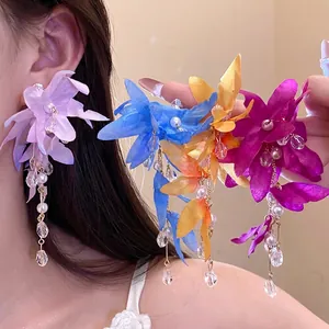 Fabric Flower Pearl Tassel Drop Earrings With 925 Sterling Silver Earring Post Zirconia Vacation Style Sweet Earrings Jewelry For Women