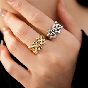 Anello Aperto Multistrato Ovale Traforato con Zirconia per Donna Rame Placcato Oro Argento Geometrico Regolabile Gioielli di Moda Regalo