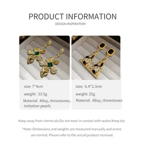 Detailed product specifications for vintage rhinestone flower and triangle drop earrings