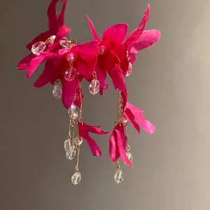 Pink fabric flower tassel earrings with zircons and pearls in romantic resort style