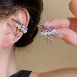 French Elegant Star Artificial Pearl Ear Clips Gold Plated Copper Purple Zirconia Inlaid Earrings Non-Pierced Design Women Gift