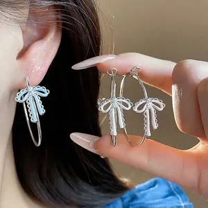 Zirconia Enamel Bowknot Hoop Earrings With 925 Sterling Silver Post Sweet Copper Ribbon Dangle Earrings For Women Jewelry
