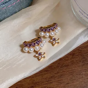 French style elegant star and pearl clip-on earrings with purple gemstones decoration
