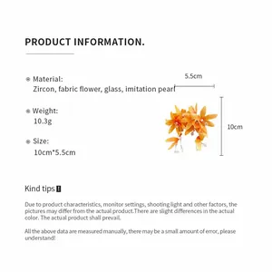 Detailed size and material specifications for orange fabric flower earrings with pearls.